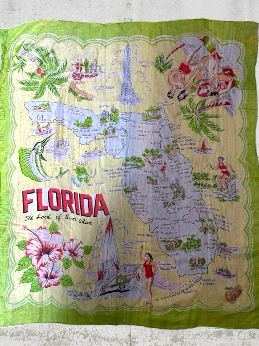 VINTAGE 50'S SILK FLORIDA MAP SCARF